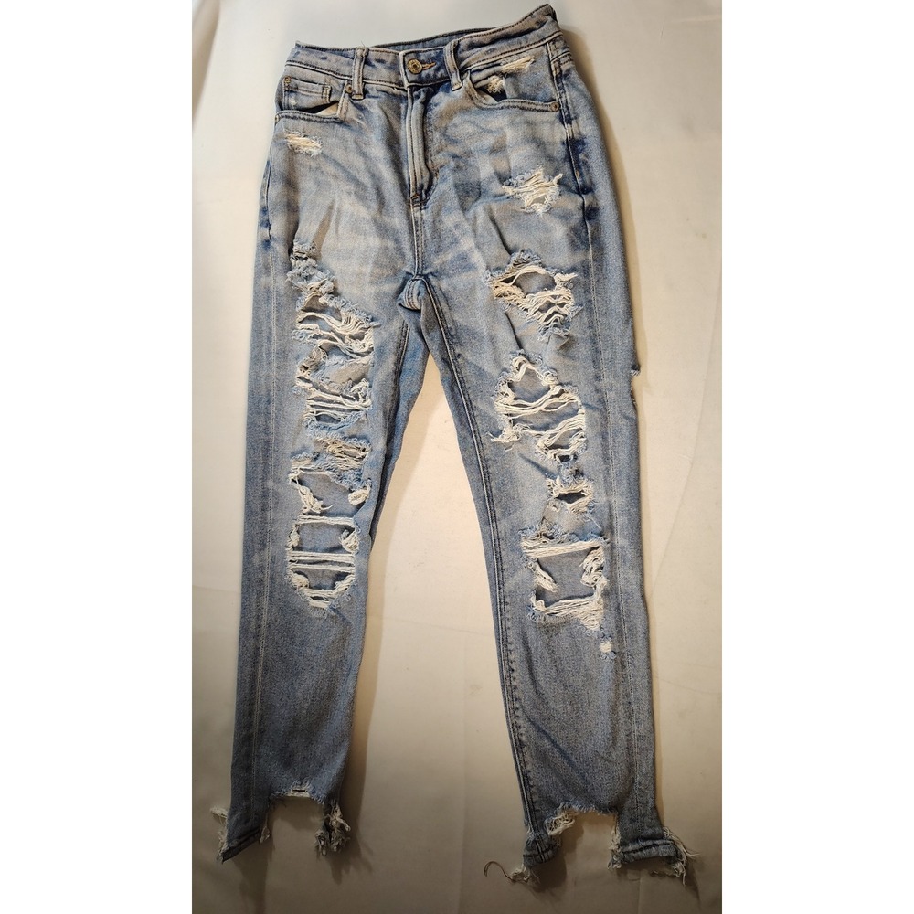 American Eagle Distressed Mom Jeans Lght Wash Y2K Boho Retro Style Sz 00 Short